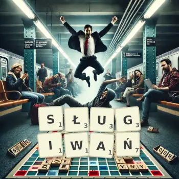 Kreatywna ilustracja do gry w Scrabble ze słowem SŁUGIWAŃ ułożonym z płytek na planszy.