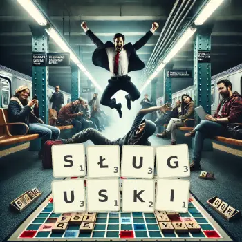 Kreatywna ilustracja do gry w Scrabble ze słowem SŁUGUSKI ułożonym z płytek na planszy.