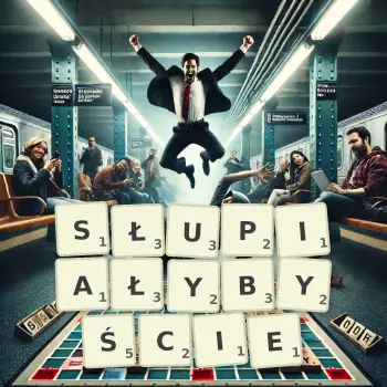 Kreatywna ilustracja do gry w Scrabble ze słowem SŁUPIAŁYBYŚCIE ułożonym z płytek na planszy.
