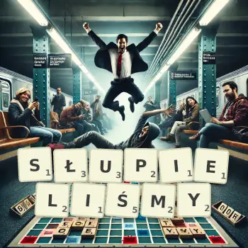 Kreatywna ilustracja do gry w Scrabble ze słowem SŁUPIELIŚMY ułożonym z płytek na planszy.