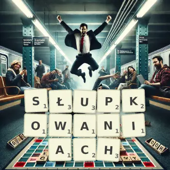 Kreatywna ilustracja do gry w Scrabble ze słowem SŁUPKOWANIACH ułożonym z płytek na planszy.