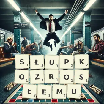 Kreatywna ilustracja do gry w Scrabble ze słowem SŁUPKOZROSŁEMU ułożonym z płytek na planszy.