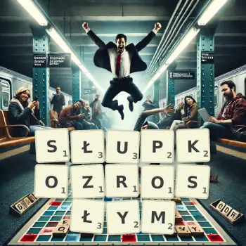 Kreatywna ilustracja do gry w Scrabble ze słowem SŁUPKOZROSŁYM ułożonym z płytek na planszy.