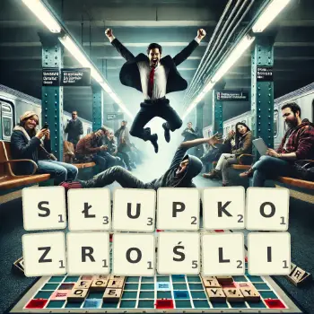 Kreatywna ilustracja do gry w Scrabble ze słowem SŁUPKOZROŚLI ułożonym z płytek na planszy.