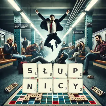 Kreatywna ilustracja do gry w Scrabble ze słowem SŁUPNICY ułożonym z płytek na planszy.
