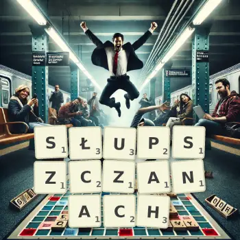 Kreatywna ilustracja do gry w Scrabble ze słowem SŁUPSZCZANACH ułożonym z płytek na planszy.