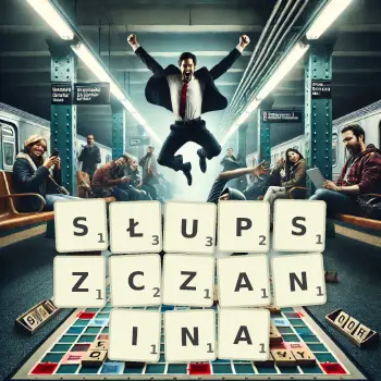 Kreatywna ilustracja do gry w Scrabble ze słowem SŁUPSZCZANINA ułożonym z płytek na planszy.