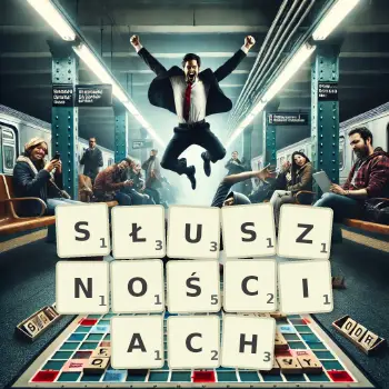 Kreatywna ilustracja do gry w Scrabble ze słowem SŁUSZNOŚCIACH ułożonym z płytek na planszy.