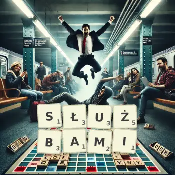 Kreatywna ilustracja do gry w Scrabble ze słowem SŁUŻBAMI ułożonym z płytek na planszy.