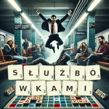 Kreatywna ilustracja do gry w Scrabble ze słowem SŁUŻBÓWKAMI ułożonym z płytek na planszy.