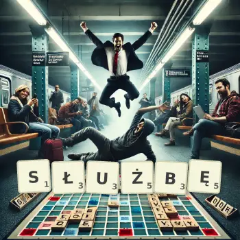 Kreatywna ilustracja do gry w Scrabble ze słowem SŁUŻBĘ ułożonym z płytek na planszy.