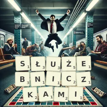 Kreatywna ilustracja do gry w Scrabble ze słowem SŁUŻEBNICZKAMI ułożonym z płytek na planszy.