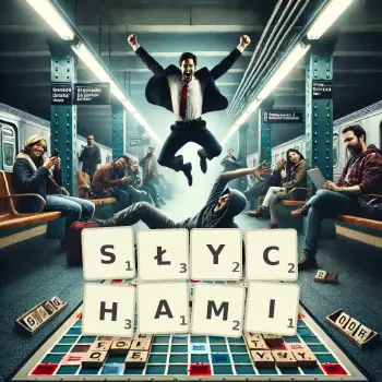 Kreatywna ilustracja do gry w Scrabble ze słowem SŁYCHAMI ułożonym z płytek na planszy.