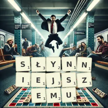 Kreatywna ilustracja do gry w Scrabble ze słowem SŁYNNIEJSZEMU ułożonym z płytek na planszy.