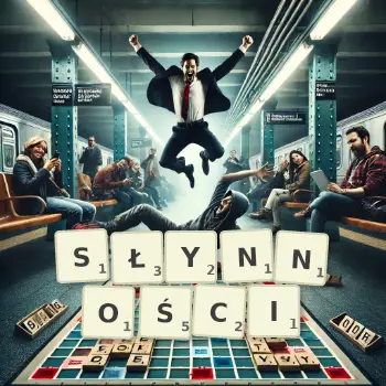 Kreatywna ilustracja do gry w Scrabble ze słowem SŁYNNOŚCI ułożonym z płytek na planszy.