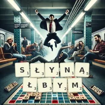 Kreatywna ilustracja do gry w Scrabble ze słowem SŁYNĄŁBYM ułożonym z płytek na planszy.