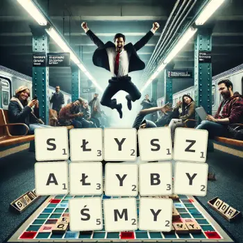 Kreatywna ilustracja do gry w Scrabble ze słowem SŁYSZAŁYBYŚMY ułożonym z płytek na planszy.