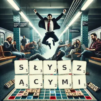 Kreatywna ilustracja do gry w Scrabble ze słowem SŁYSZĄCYMI ułożonym z płytek na planszy.