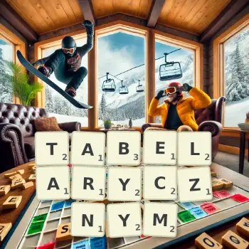 Kreatywna ilustracja do gry w Scrabble ze słowem TABELARYCZNYM ułożonym z płytek na planszy.