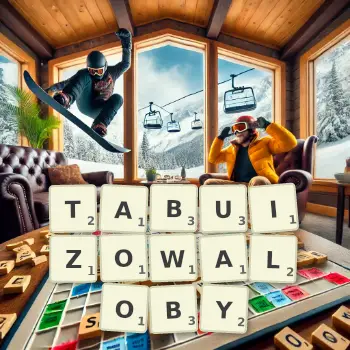 Kreatywna ilustracja do gry w Scrabble ze słowem TABUIZOWALOBY ułożonym z płytek na planszy.