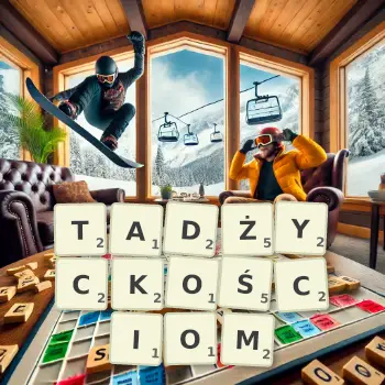 Kreatywna ilustracja do gry w Scrabble ze słowem TADŻYCKOŚCIOM ułożonym z płytek na planszy.