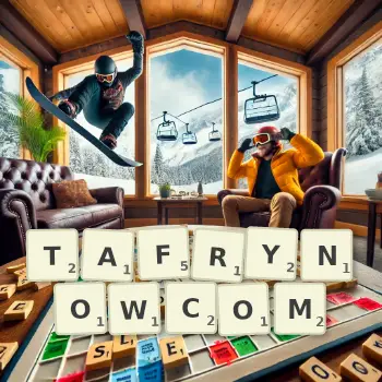 Kreatywna ilustracja do gry w Scrabble ze słowem TAFRYNOWCOM ułożonym z płytek na planszy.