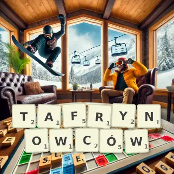 Kreatywna ilustracja do gry w Scrabble ze słowem TAFRYNOWCÓW ułożonym z płytek na planszy.