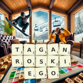 Kreatywna ilustracja do gry w Scrabble ze słowem TAGANROSKIEGO ułożonym z płytek na planszy.