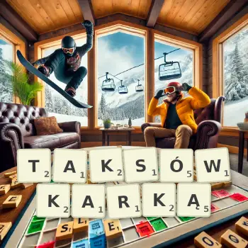 Kreatywna ilustracja do gry w Scrabble ze słowem TAKSÓWKARKĄ ułożonym z płytek na planszy.