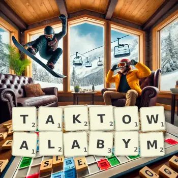 Kreatywna ilustracja do gry w Scrabble ze słowem TAKTOWALABYM ułożonym z płytek na planszy.