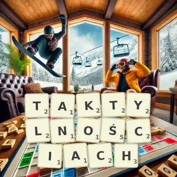 Kreatywna ilustracja do gry w Scrabble ze słowem TAKTYLNOŚCIACH ułożonym z płytek na planszy.