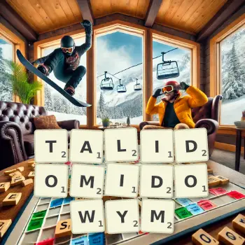 Kreatywna ilustracja do gry w Scrabble ze słowem TALIDOMIDOWYM ułożonym z płytek na planszy.