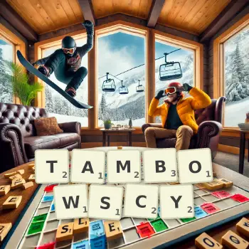 Kreatywna ilustracja do gry w Scrabble ze słowem TAMBOWSCY ułożonym z płytek na planszy.