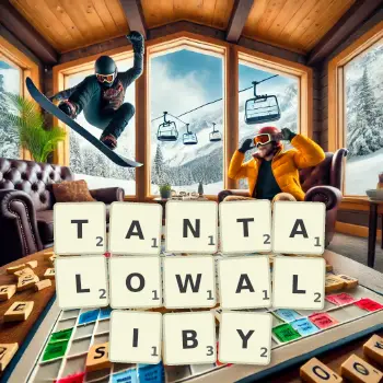 Kreatywna ilustracja do gry w Scrabble ze słowem TANTALOWALIBY ułożonym z płytek na planszy.