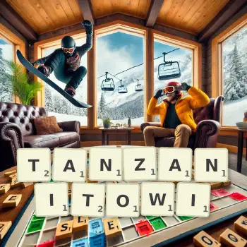 Kreatywna ilustracja do gry w Scrabble ze słowem TANZANITOWI ułożonym z płytek na planszy.