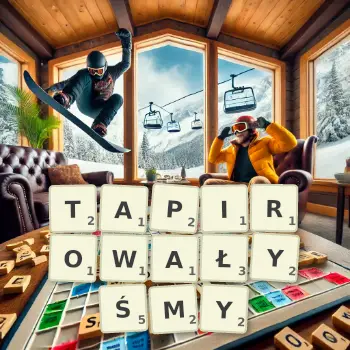 Kreatywna ilustracja do gry w Scrabble ze słowem TAPIROWAŁYŚMY ułożonym z płytek na planszy.