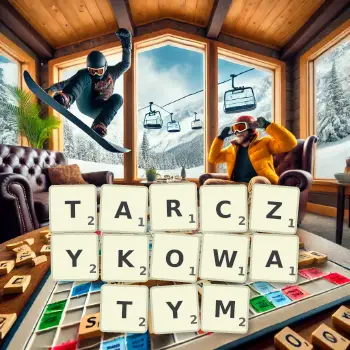 Kreatywna ilustracja do gry w Scrabble ze słowem TARCZYKOWATYM ułożonym z płytek na planszy.