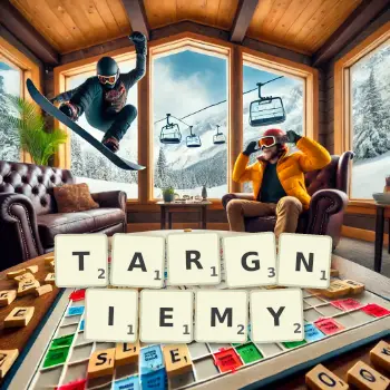 Kreatywna ilustracja do gry w Scrabble ze słowem TARGNIEMY ułożonym z płytek na planszy.