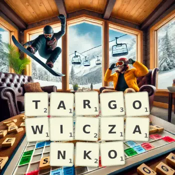 Kreatywna ilustracja do gry w Scrabble ze słowem TARGOWICZANKO ułożonym z płytek na planszy.