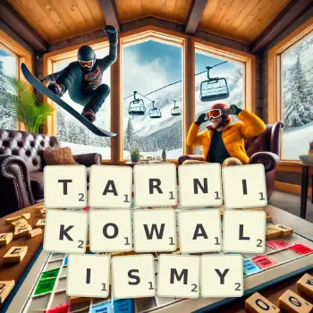 Kreatywna ilustracja do gry w Scrabble ze słowem TARNIKOWALISMY ułożonym z płytek na planszy.