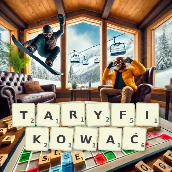 Kreatywna ilustracja do gry w Scrabble ze słowem TARYFIKOWAĆ ułożonym z płytek na planszy.