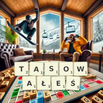 Kreatywna ilustracja do gry w Scrabble ze słowem TASOWAŁEŚ ułożonym z płytek na planszy.