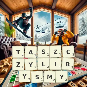 Kreatywna ilustracja do gry w Scrabble ze słowem TASZCZYLIBYSMY ułożonym z płytek na planszy.