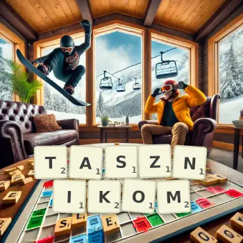 Kreatywna ilustracja do gry w Scrabble ze słowem TASZNIKOM ułożonym z płytek na planszy.