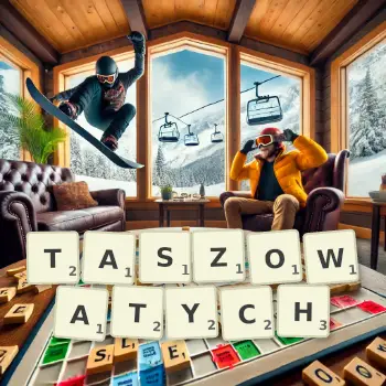 Kreatywna ilustracja do gry w Scrabble ze słowem TASZOWATYCH ułożonym z płytek na planszy.