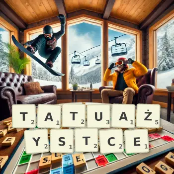 Kreatywna ilustracja do gry w Scrabble ze słowem TATUAŻYSTCE ułożonym z płytek na planszy.