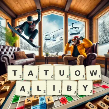 Kreatywna ilustracja do gry w Scrabble ze słowem TATUOWALIBY ułożonym z płytek na planszy.