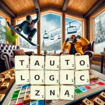 Kreatywna ilustracja do gry w Scrabble ze słowem TAUTOLOGICZNĄ ułożonym z płytek na planszy.
