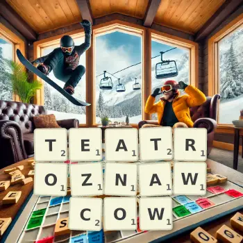 Kreatywna ilustracja do gry w Scrabble ze słowem TEATROZNAWCOW ułożonym z płytek na planszy.