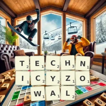 Kreatywna ilustracja do gry w Scrabble ze słowem TECHNICYZOWAL ułożonym z płytek na planszy.